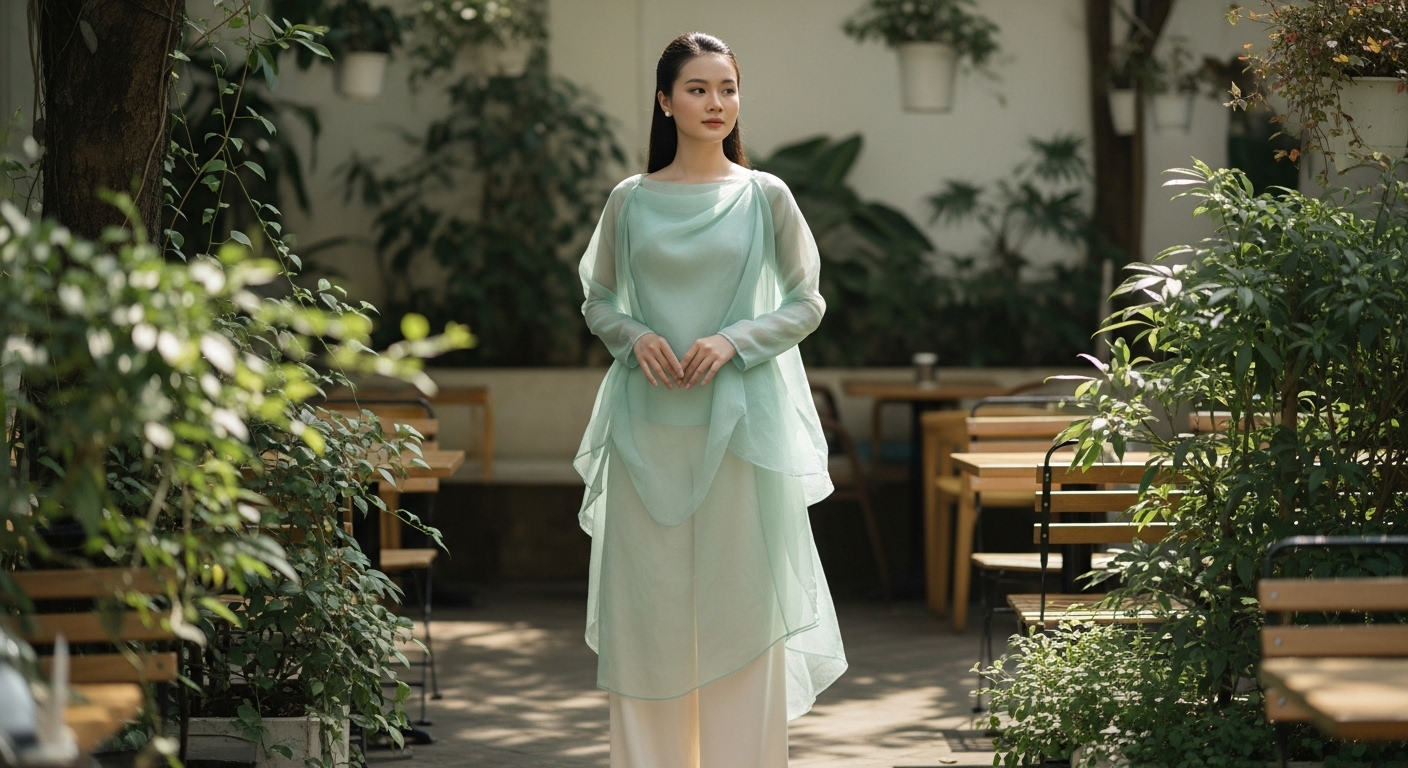 Cô Gái Việt Thướt Tha Trong Áo Dài Organza Xanh Mint Thanh Lịch