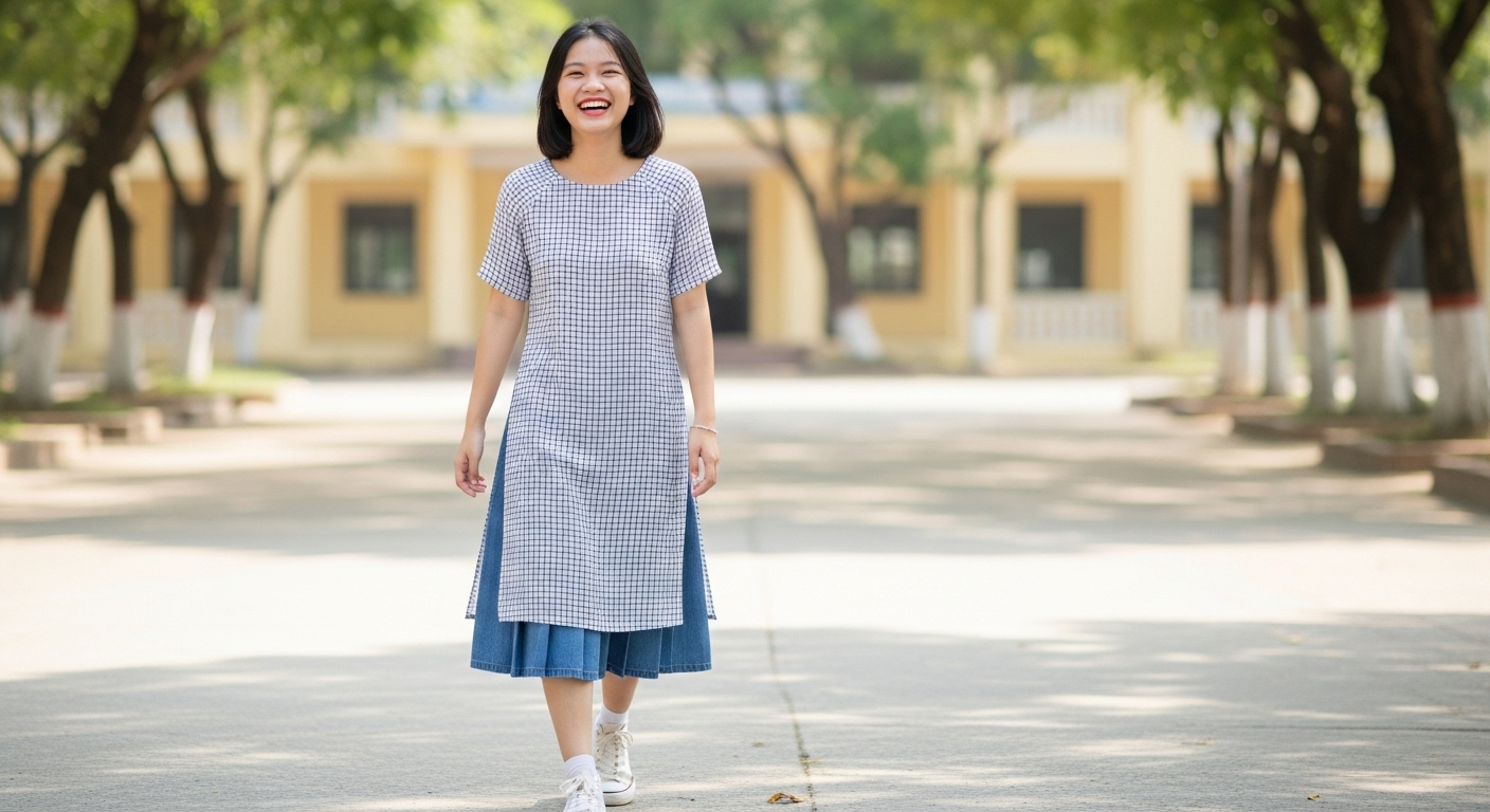 Nữ Sinh Việt Trẻ Trung Với Áo Dài Kẻ Sọc Và Chân Váy