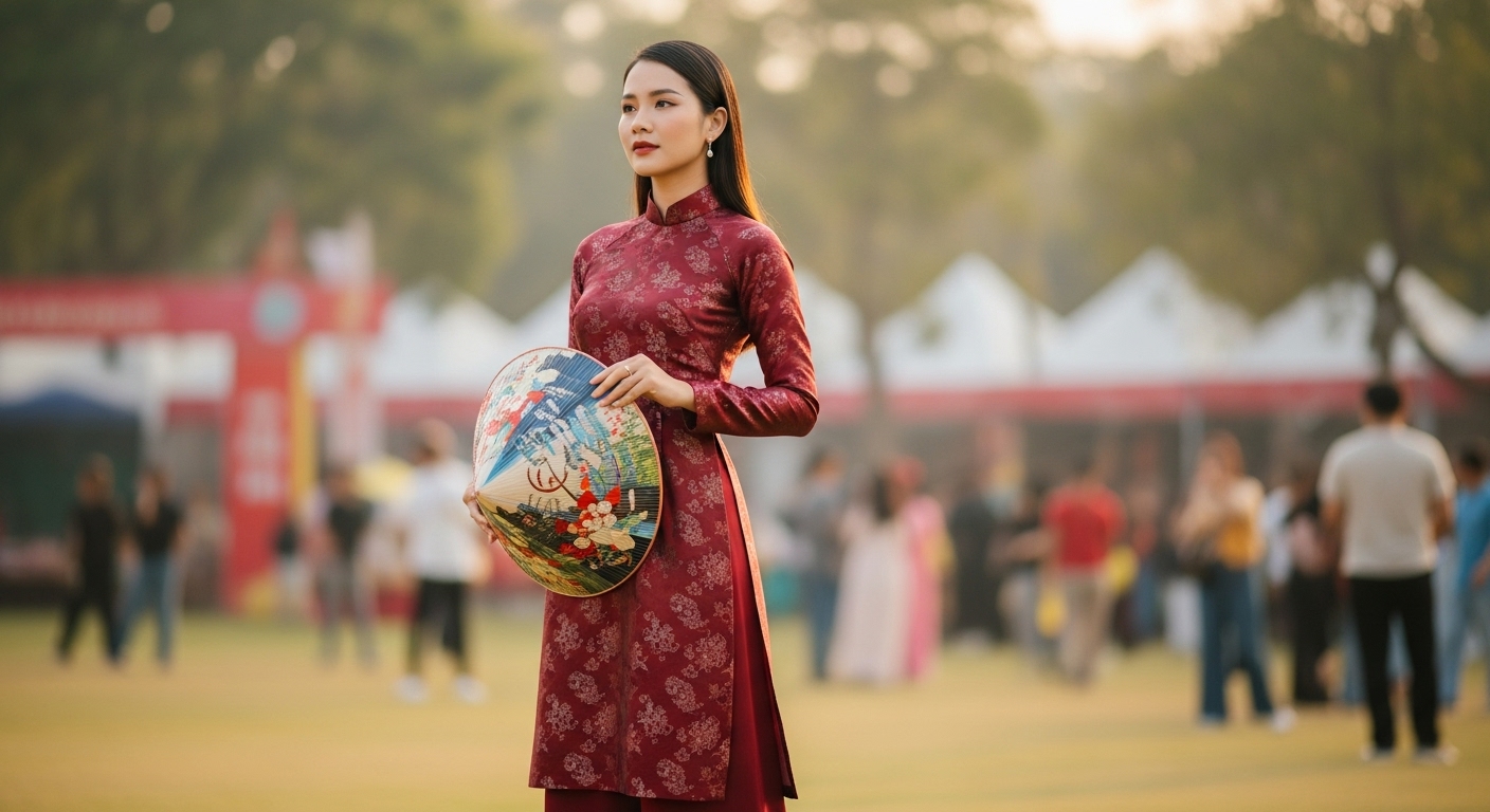 Phụ Nữ Việt Trang Trọng Mặc Áo Dài Gấm Đỏ Kèm Nón Lá