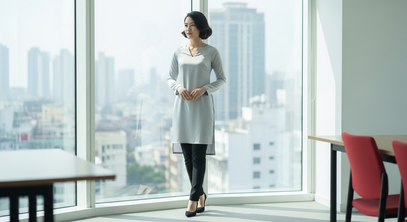 Nữ Doanh Nhân Việt Thanh Lịch Trong Áo Dài Cách Tân Màu Xám