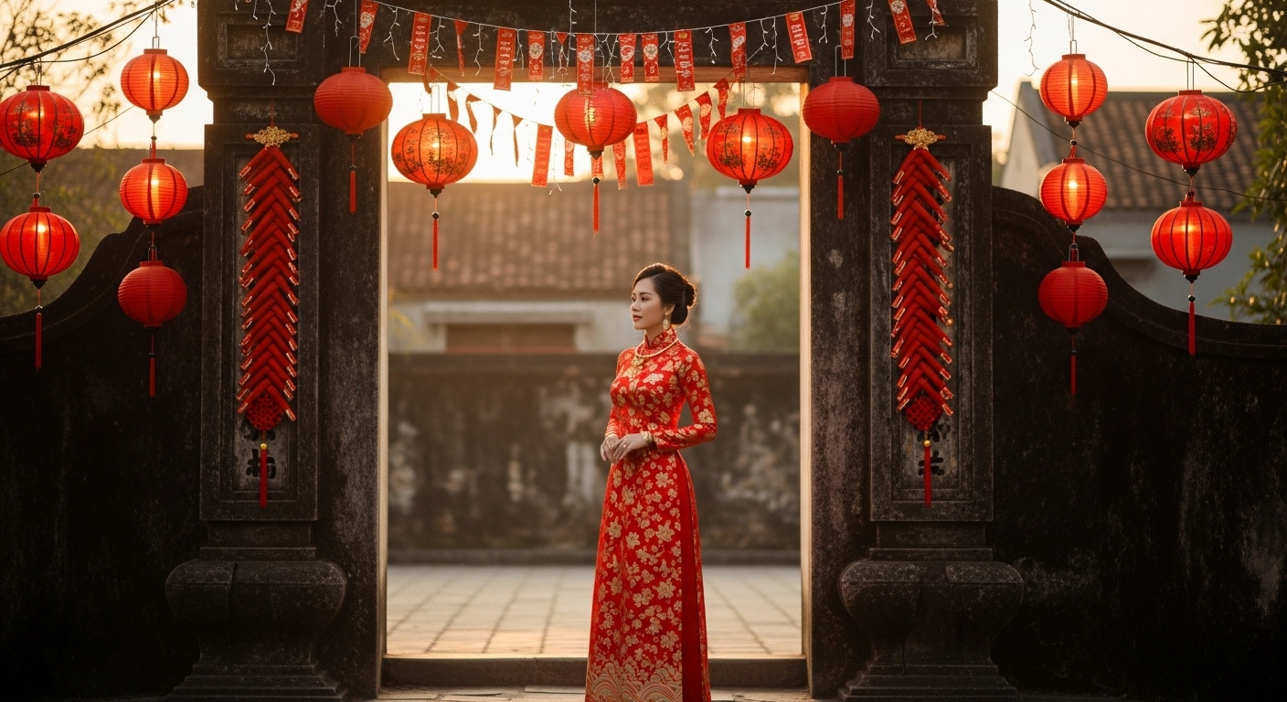 Cô Gái Áo Dài Cách Tân Đỏ Đô Ở Đình Làng Cổ Kính