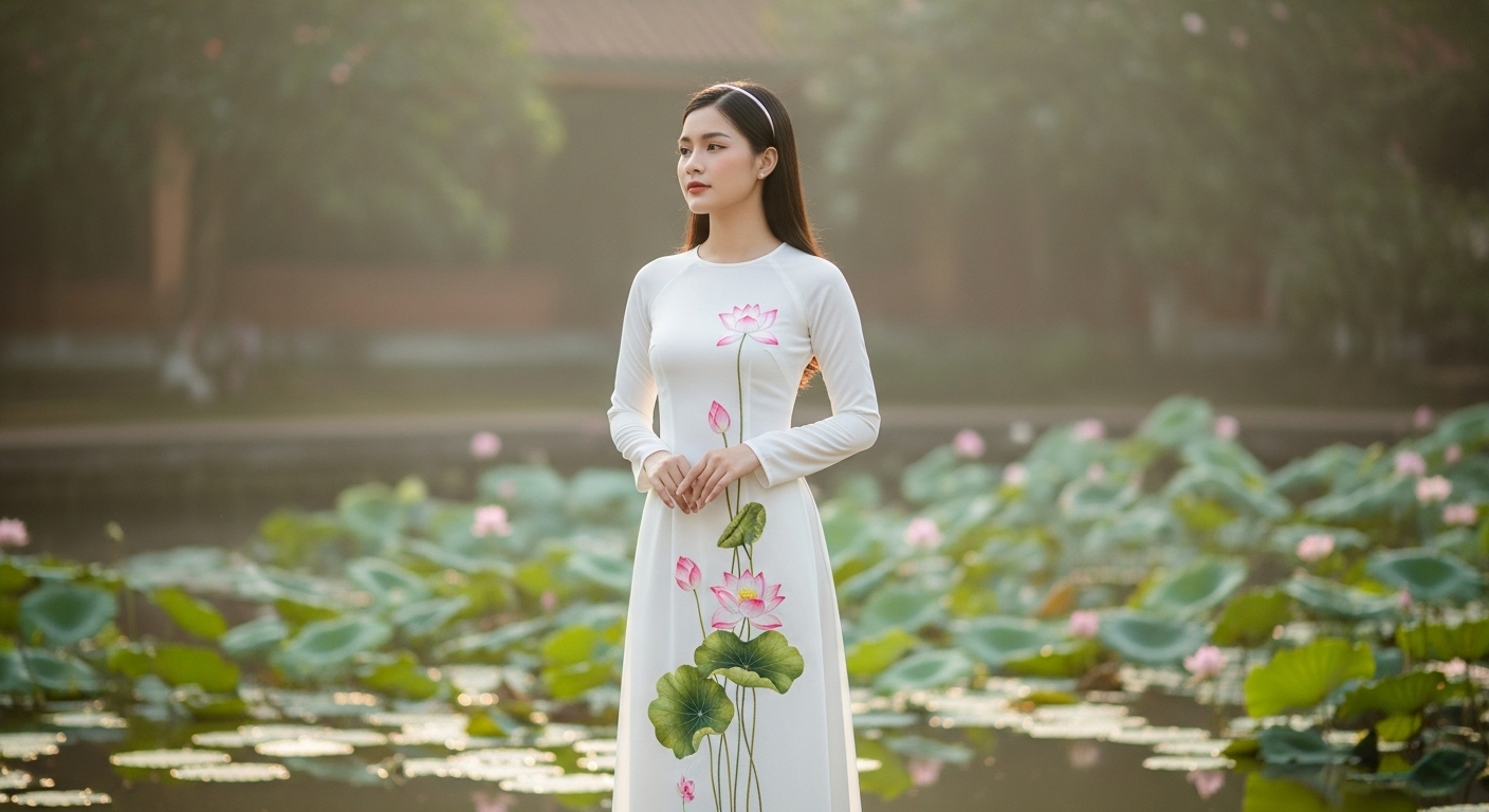 Thiếu Nữ Việt Dịu Dàng Trong Áo Dài Lụa Họa Tiết Hoa Sen