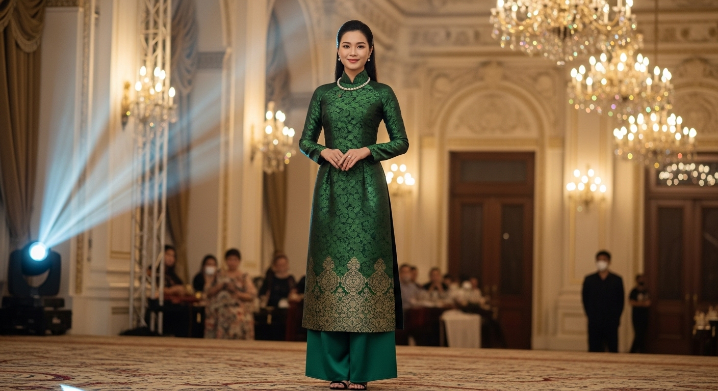 Phụ Nữ Việt Trang Nhã Trong Áo Dài Gấm Xanh Ngọc Sự Kiện