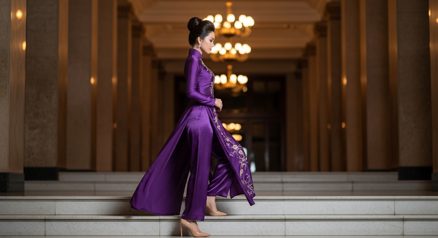 Áo dài tím than, giày cao gót mũi nhọn và tóc búi cao.