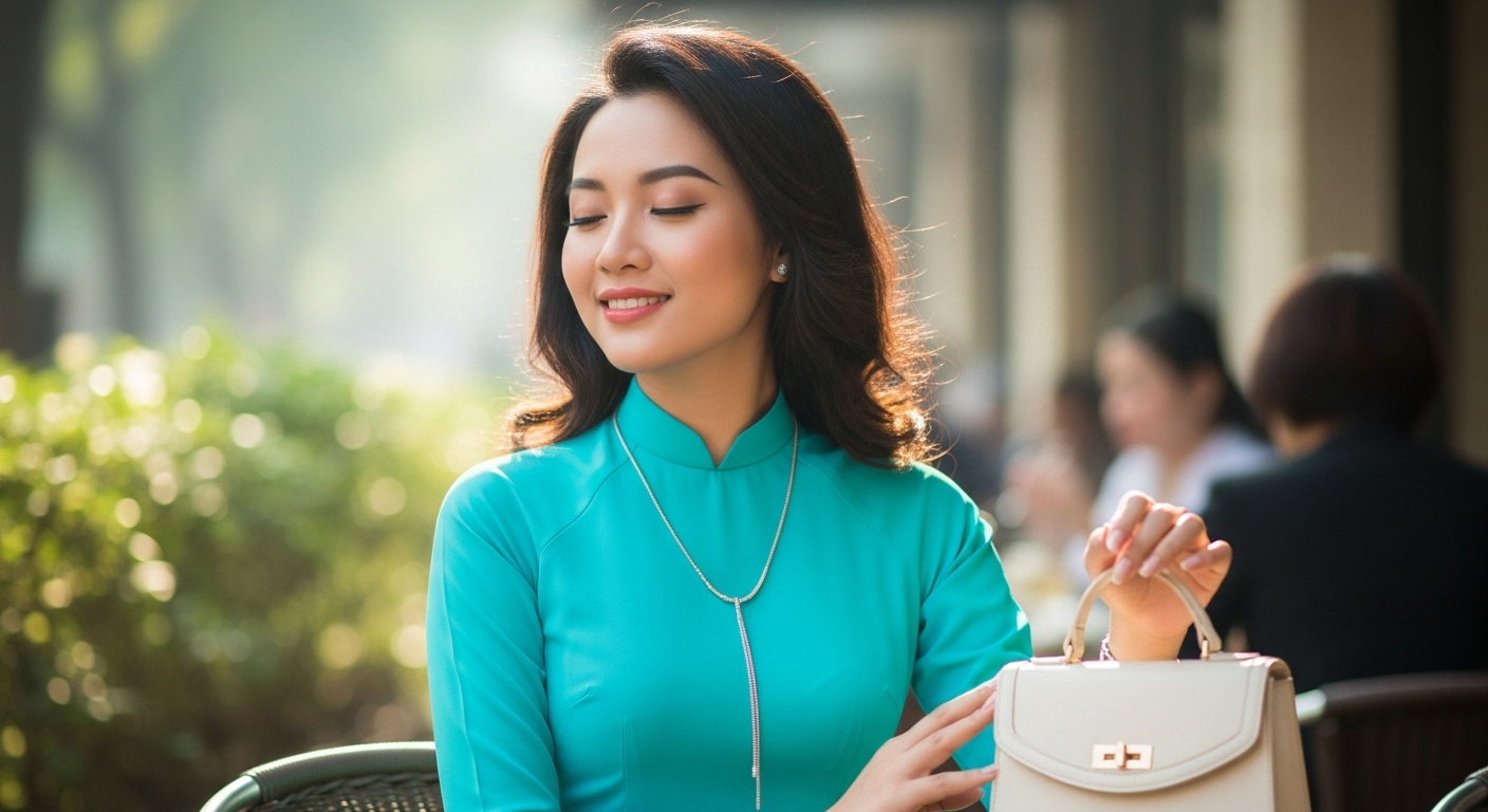 Áo dài xanh ngọc, túi xách nhỏ, dây chuyền dài.