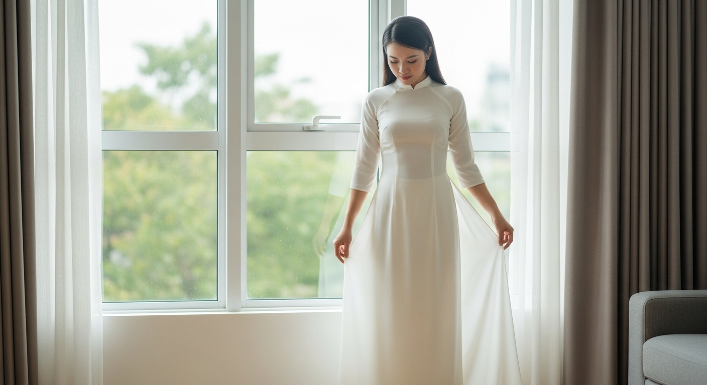 Áo dài lụa tơ tằm màu trắng ngà, mềm mại, thanh thoát.