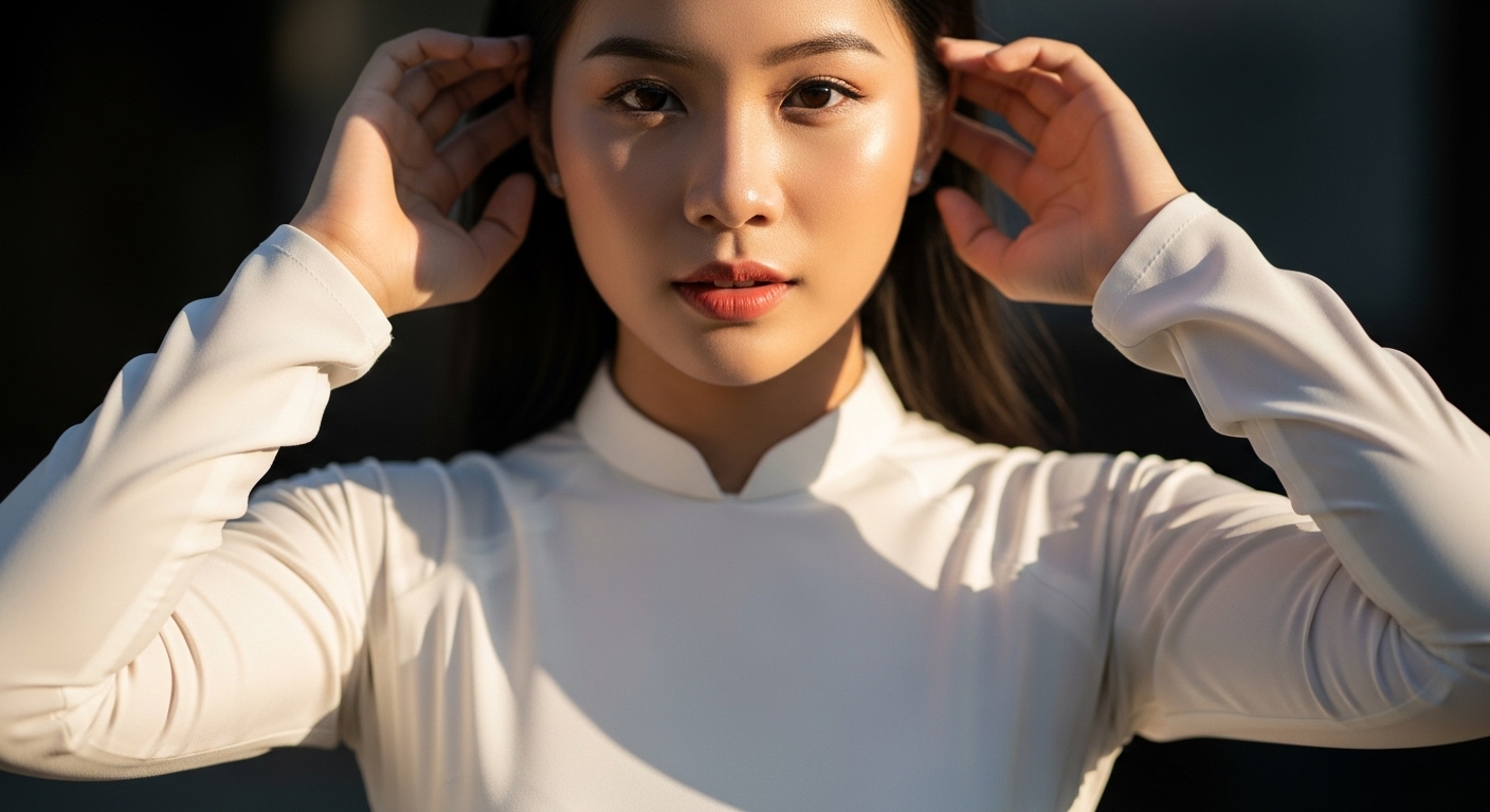 Cận cảnh áo dài cổ chữ V màu trắng ngà, tay áo ôm.