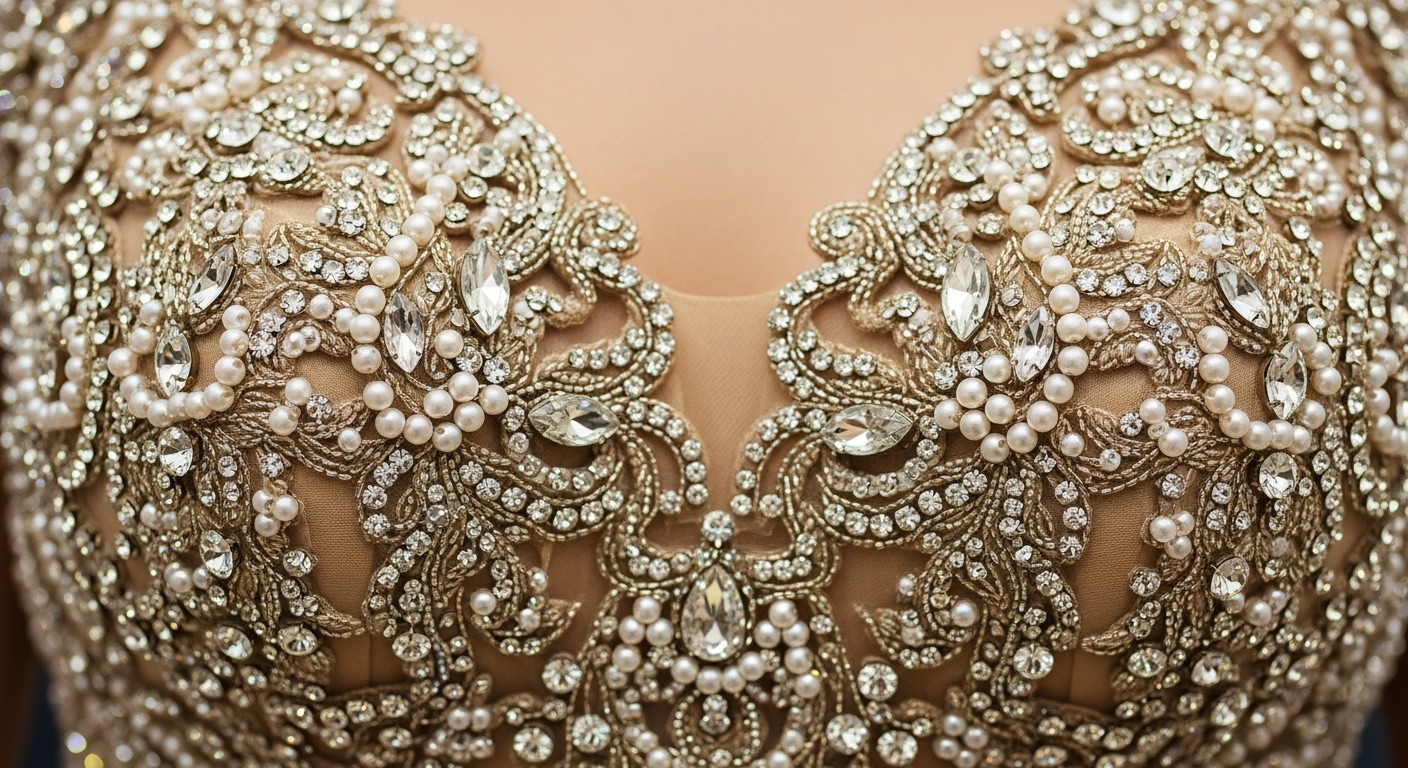 Chi Tiết Pha Lê Và Ngọc Trai Trên Áo Dài Cưới Cao Cấp.