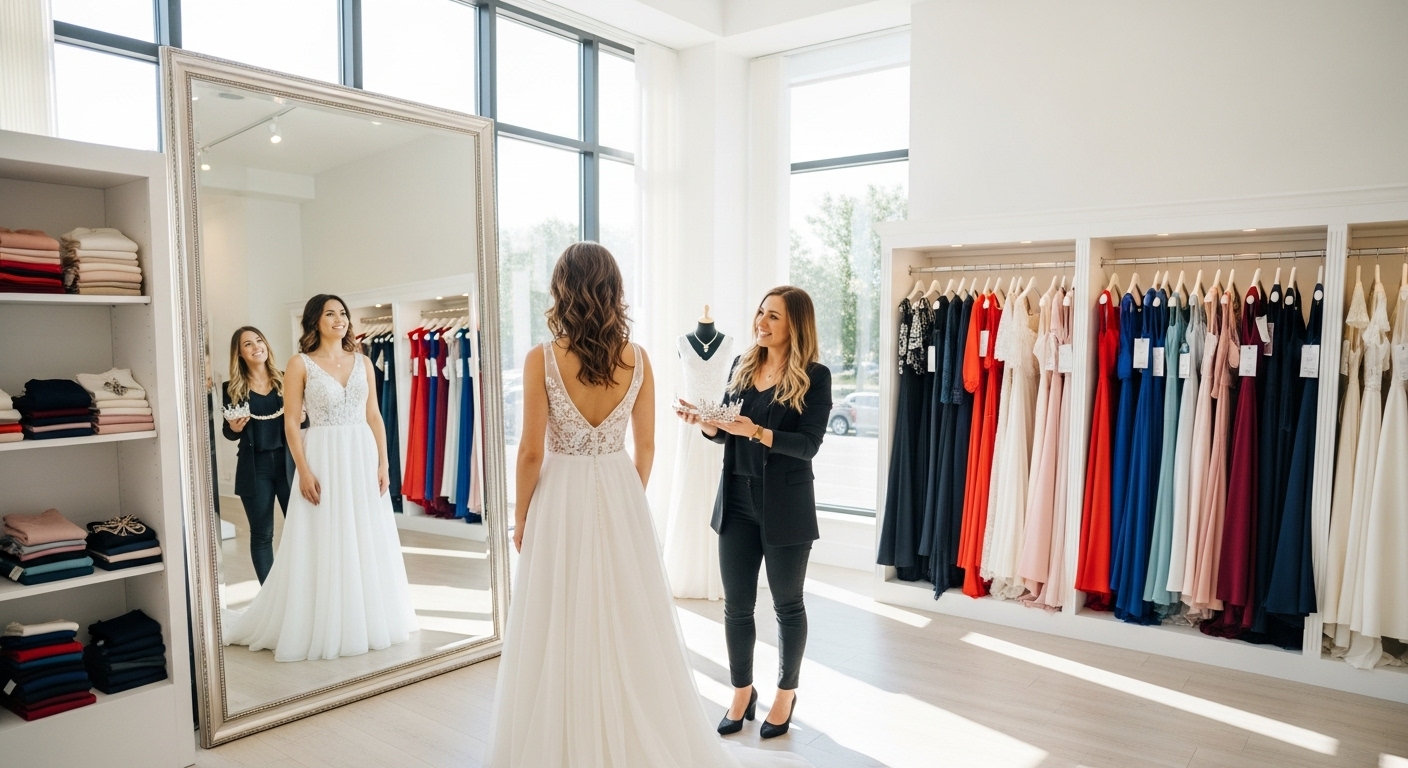 Cô Dâu Đang Thử Và Chọn Lựa Áo Dài Cưới Tại Cửa Hàng.