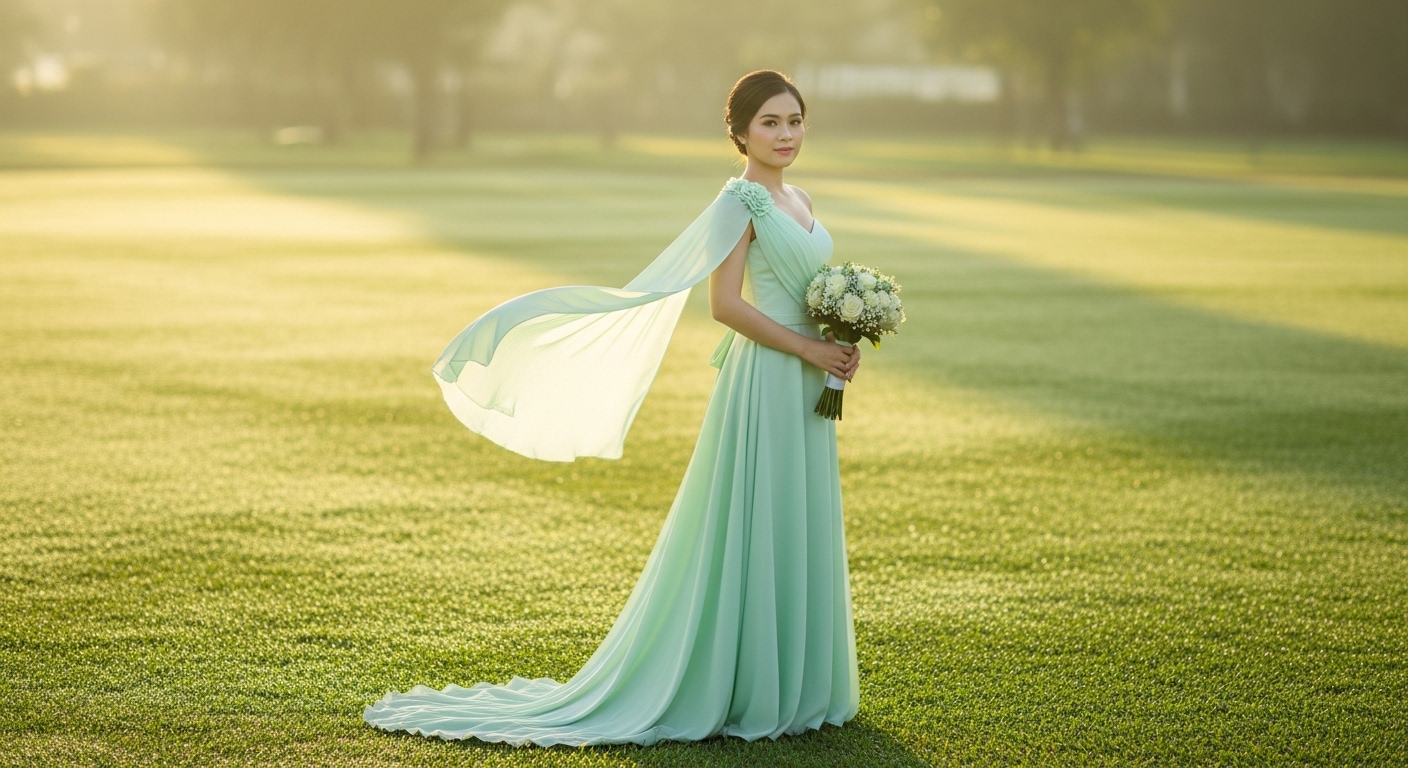 Cô Dâu Tươi Tắn Trong Áo Dài Cưới Xanh Mint Phong Cách Tối Giản.