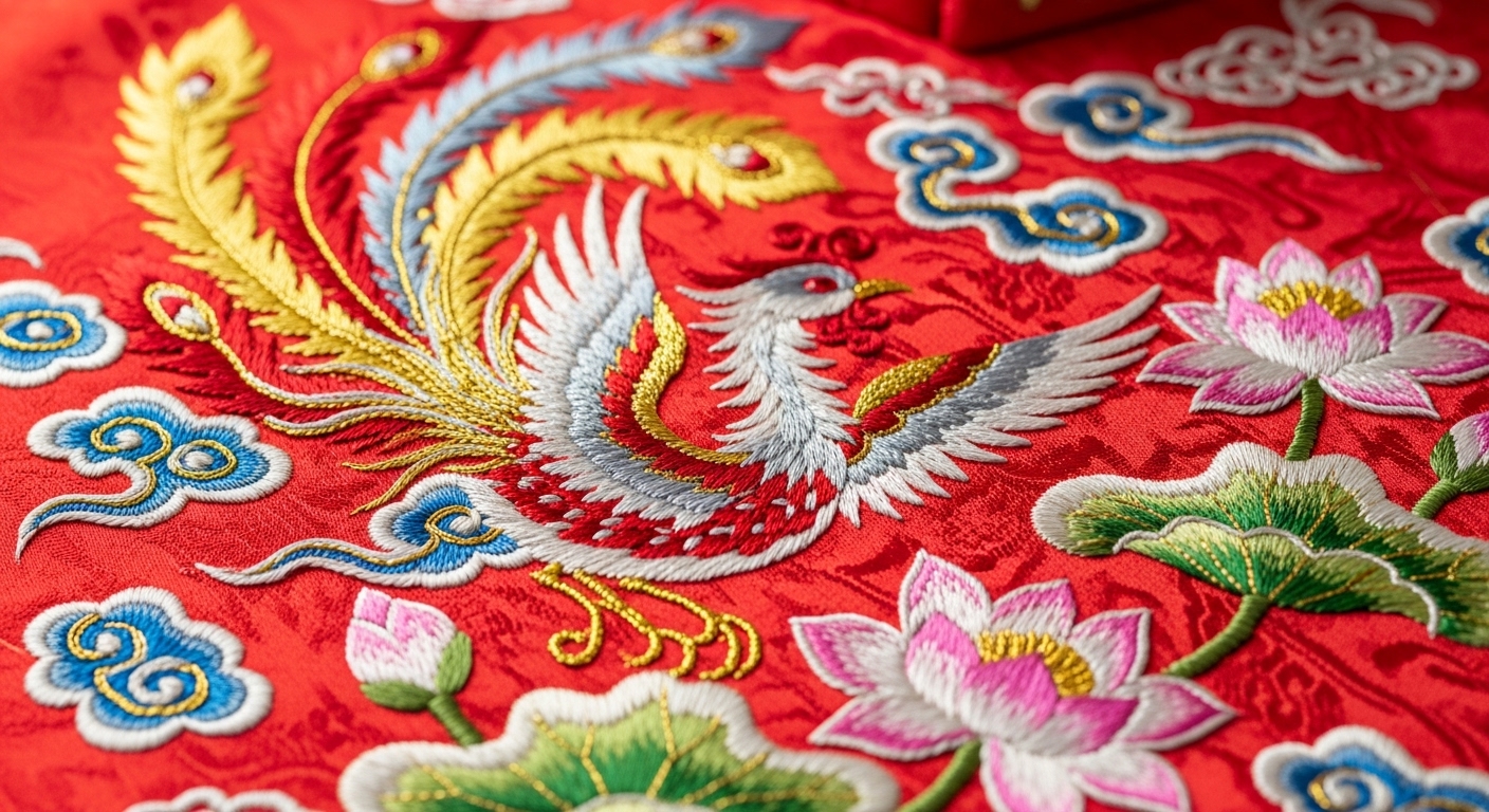 Họa Tiết Phượng Hoàng Thêu Tay Tinh Xảo Trên Áo Dài Cưới.