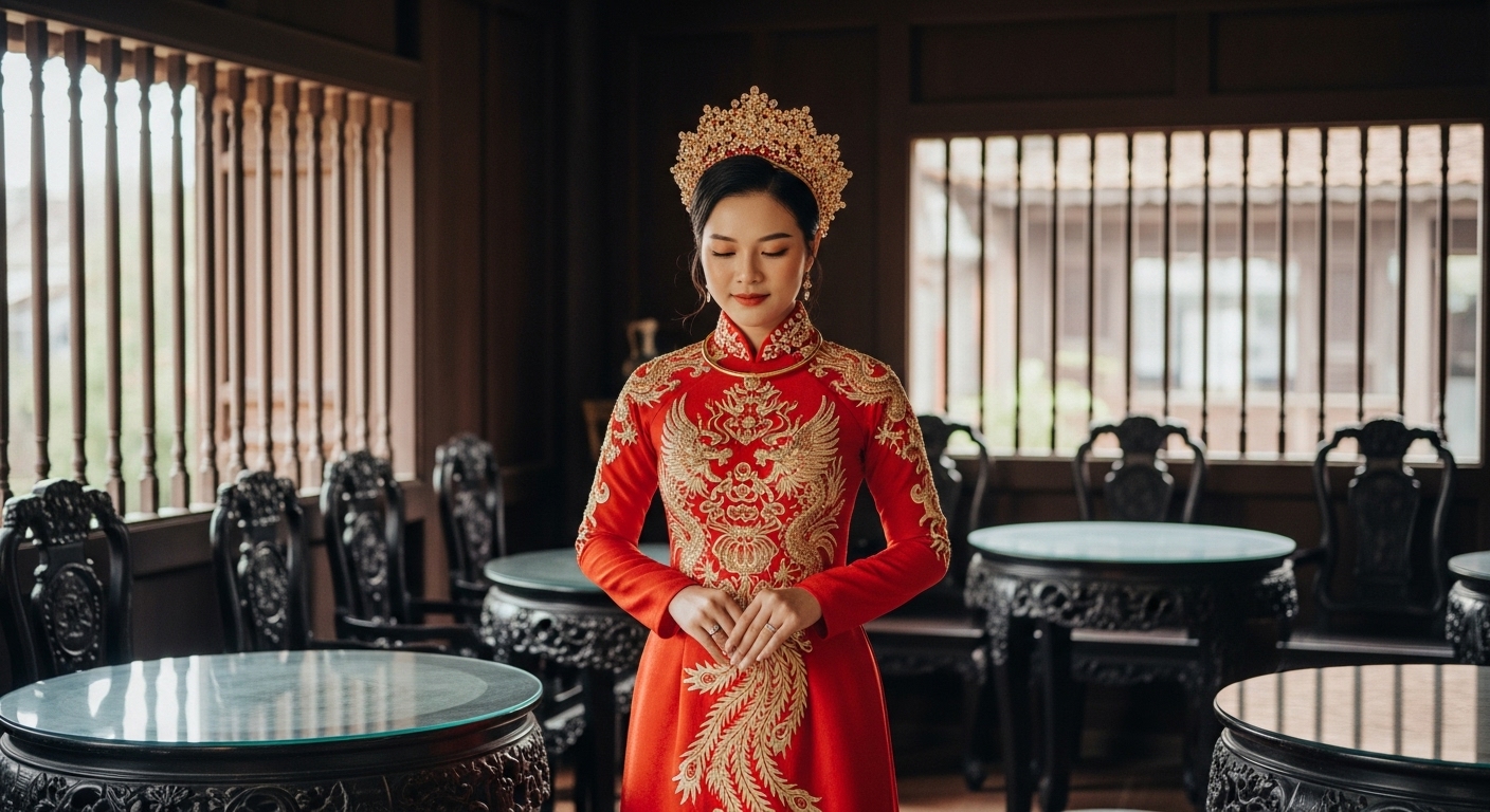 Cô Dâu Việt Duyên Dáng Trong Áo Dài Cưới Truyền Thống Màu Đỏ.