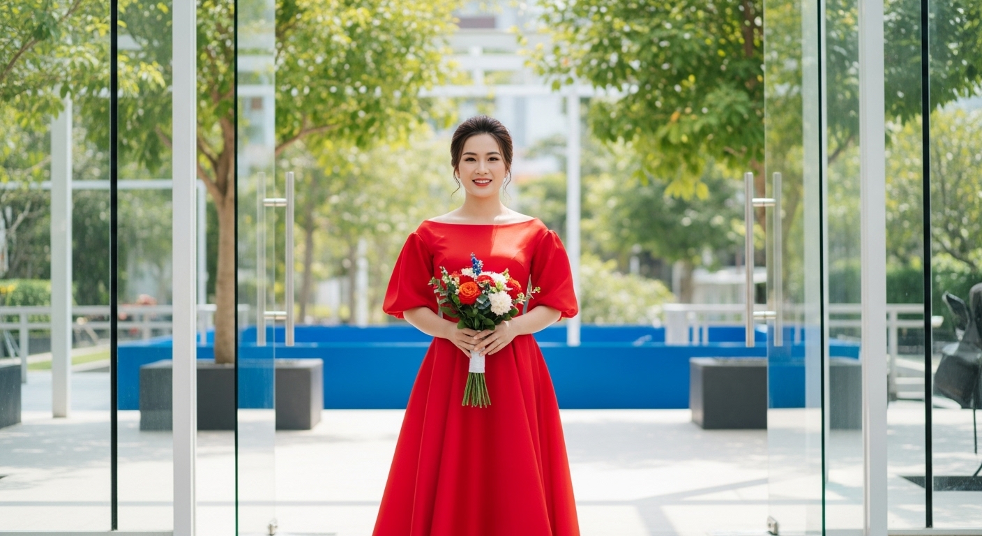 Cô Dâu Trẻ Trung Áo Dài Đỏ Cách Tân, Thiết Kế Cổ Thuyền.