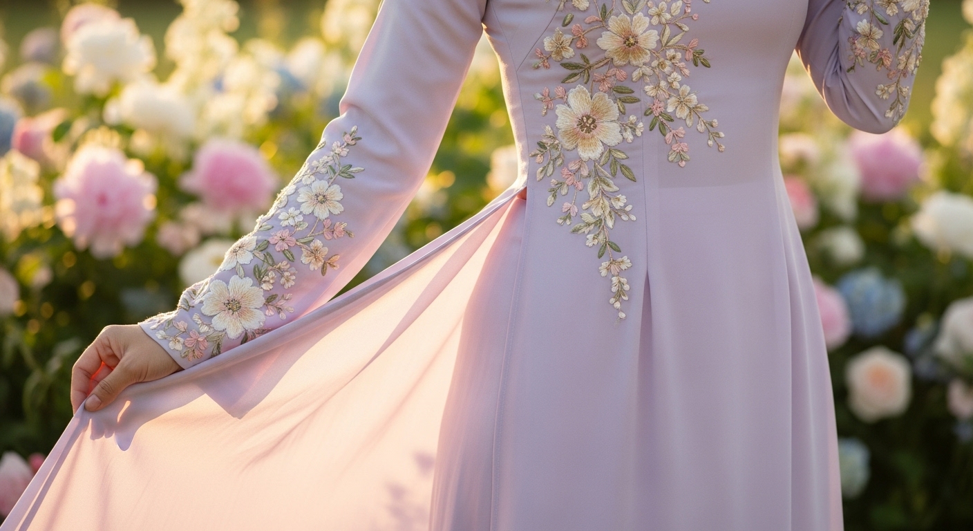 Áo Dài Cách Tân Tím Pastel Họa Tiết Hoa Nhí Tinh Xảo