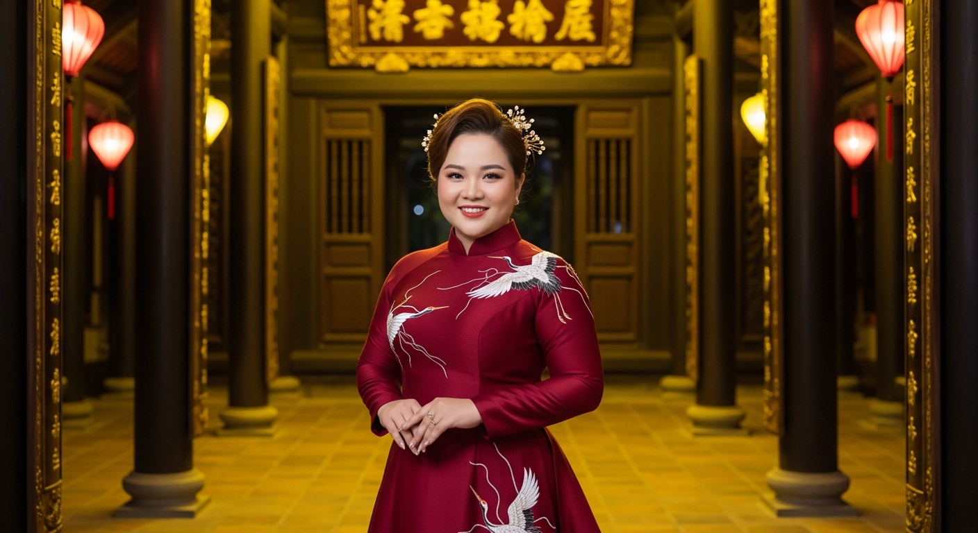 Áo Dài Cưới Màu Đỏ Đô Họa Tiết Chim Hạc