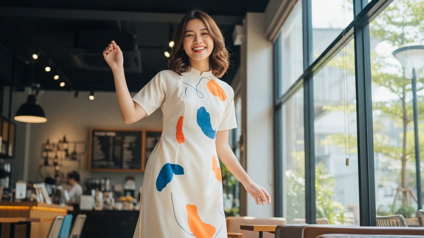 Cô gái trẻ Việt Nam mặc áo dài cách tân họa tiết độc đáo, năng động.