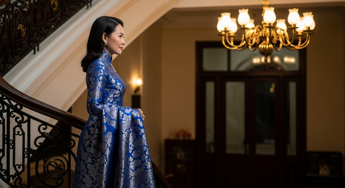 A woman descending stairs in a luxurious sapphire blue brocade ao dai.