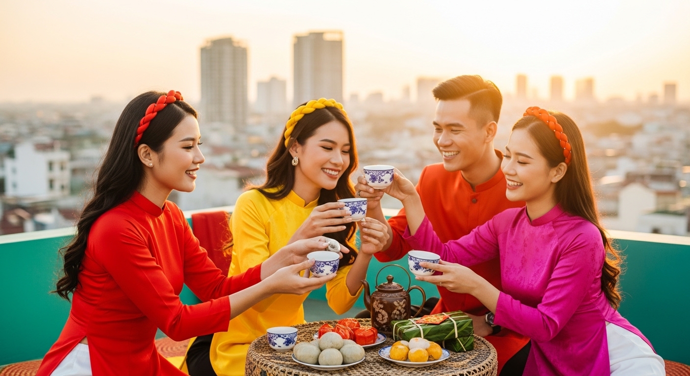 Three joyful friends in bright ao dai on a rooftop for Tet.