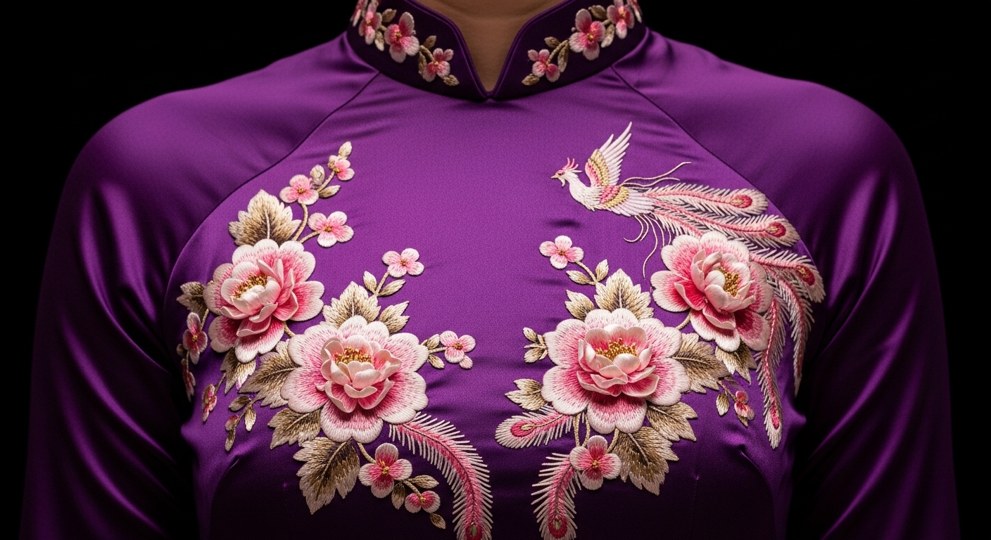 Close-up of ao dai with exquisite 3D floral and phoenix embroidery.
