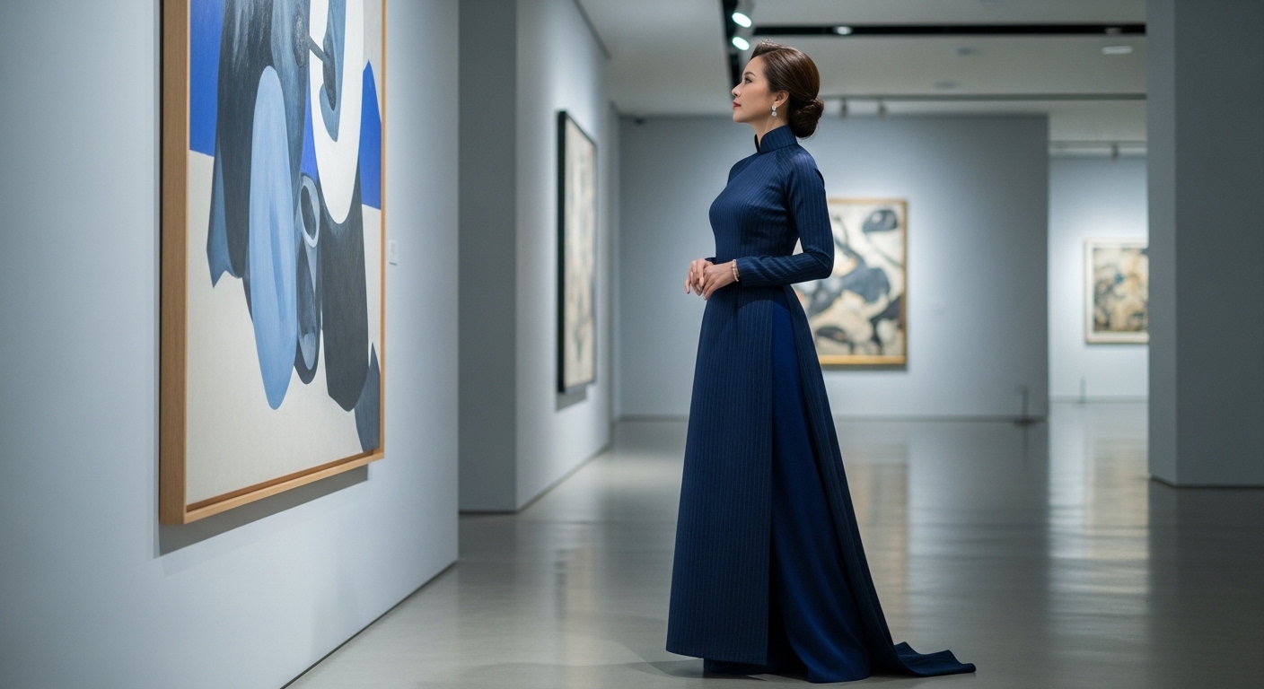 Áo dài xanh navy họa tiết sọc dọc, tạo dáng thanh lịch.