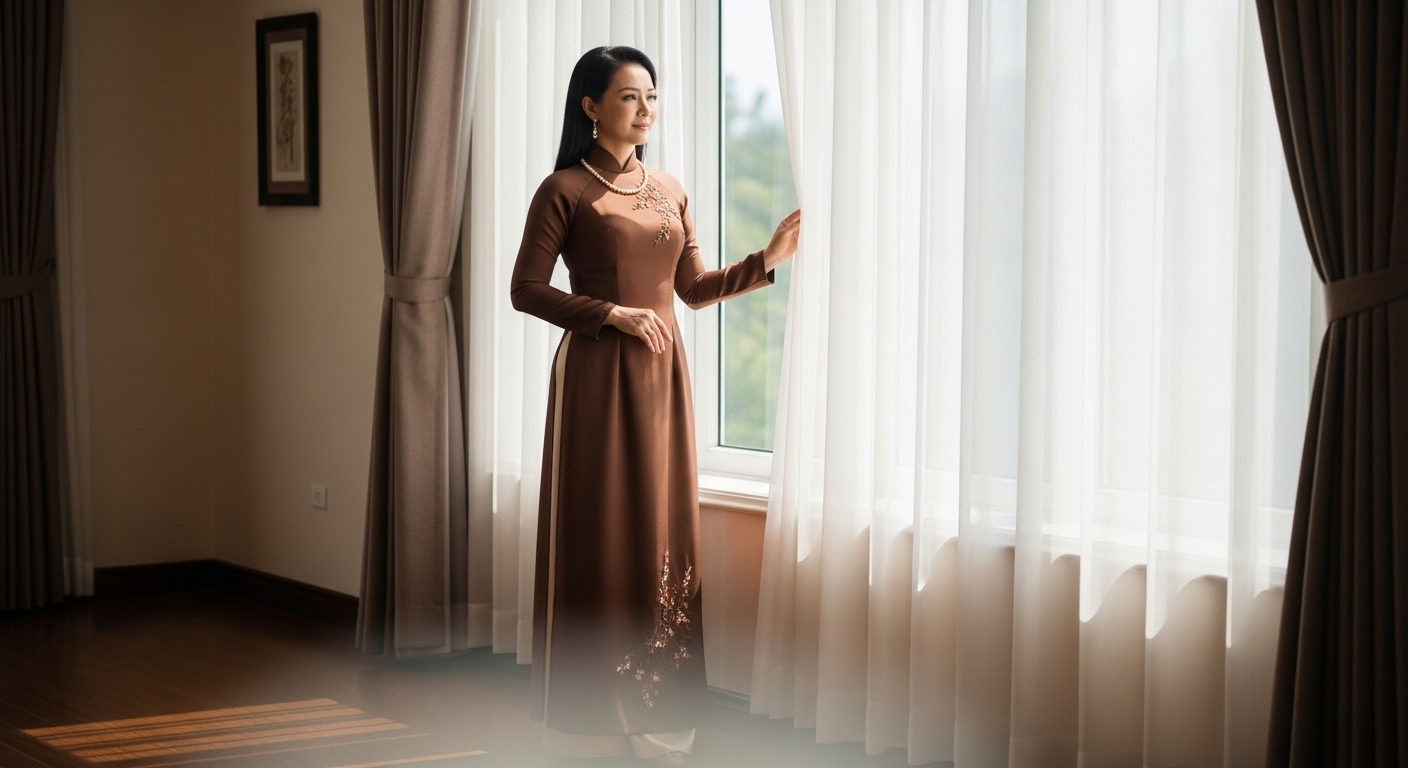 Áo dài lụa vàng đồng trang nhã cho quý cô trung niên.