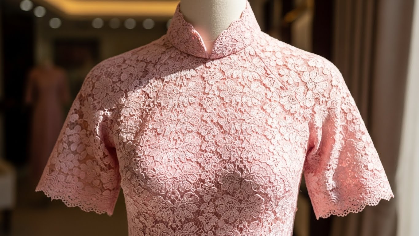 Áo dài cách tân tay lỡ màu hồng phấn với họa tiết thêu ren tinh xảo.