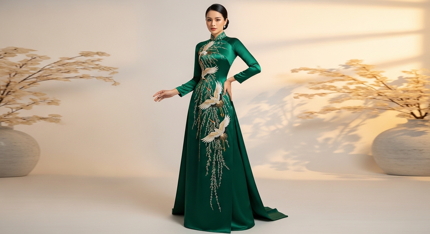 Detailed emerald green silk ao dai with crane embroidery.