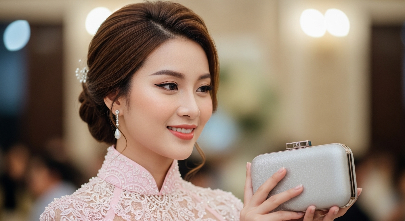Woman in ao dai with elegant accessories, hair, and makeup.