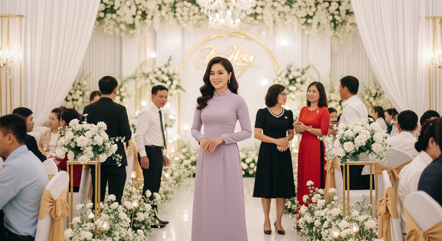Confident woman in a lavender modern ao dai at a wedding.