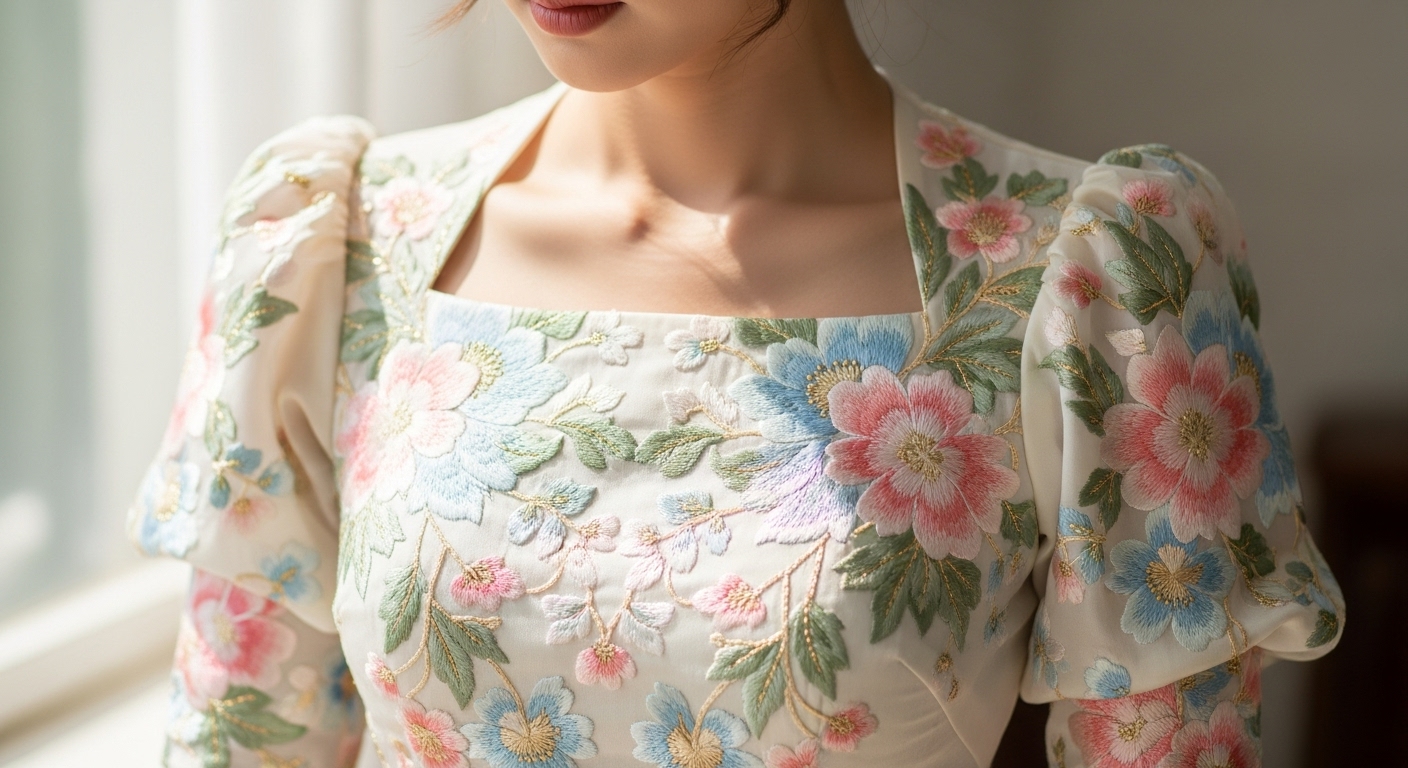 Close-up of a modern ao dai with square neck and puff sleeves.