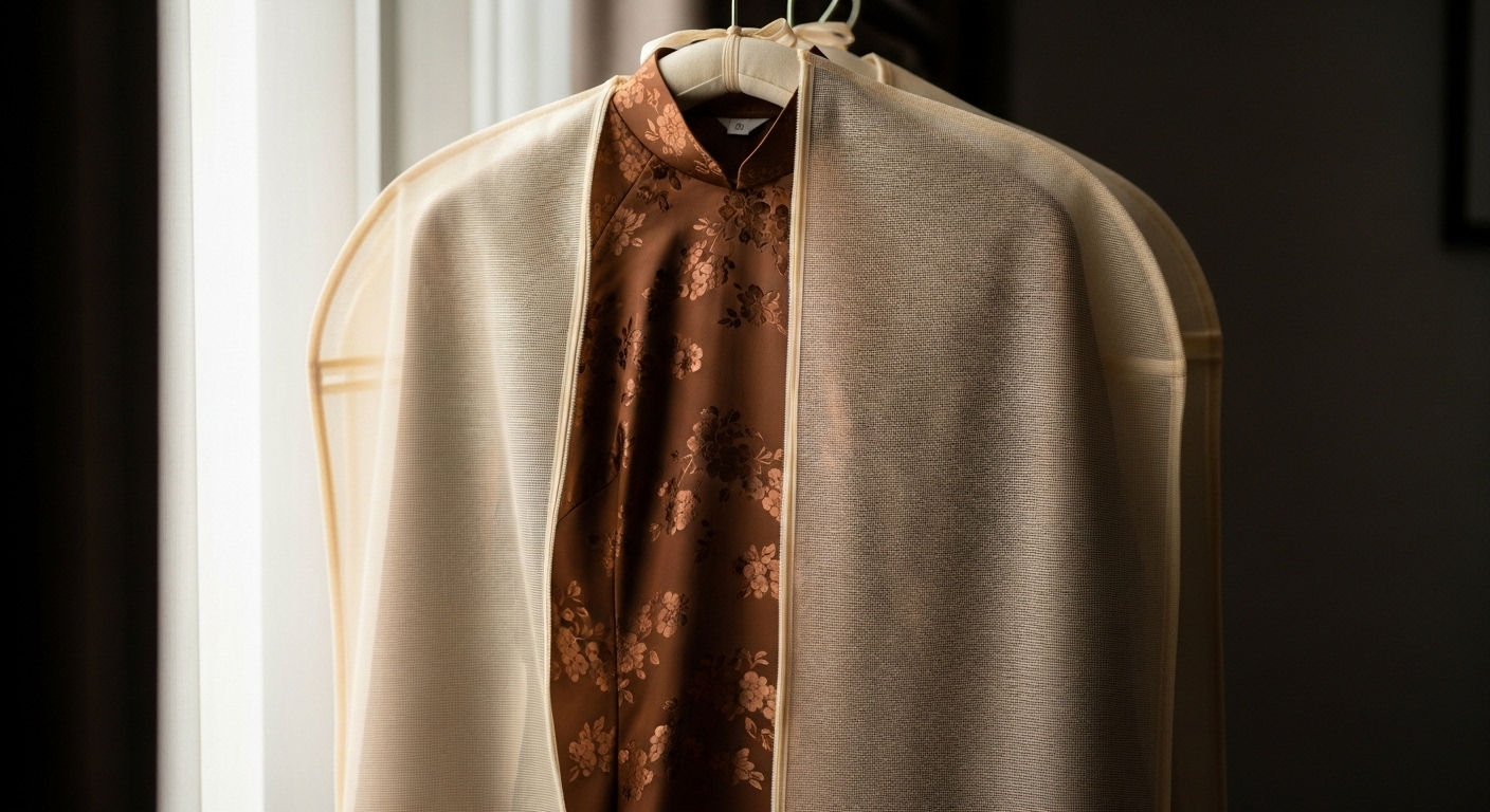 Áo dài treo gọn gàng trong túi vải bảo vệ, giữ gìn vẻ đẹp.