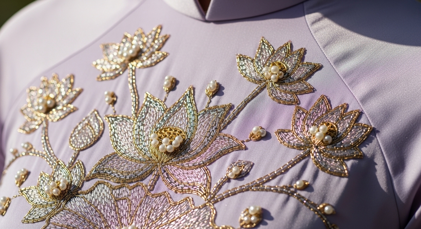 Họa tiết thêu hoa sen tinh xảo trên tà áo dài lụa.