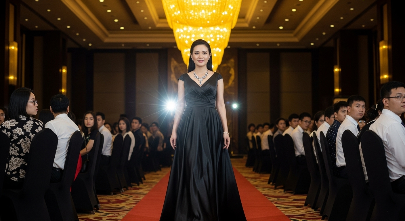 Cô gái Việt sang trọng trong váy đen tại tiệc cưới hiện đại.