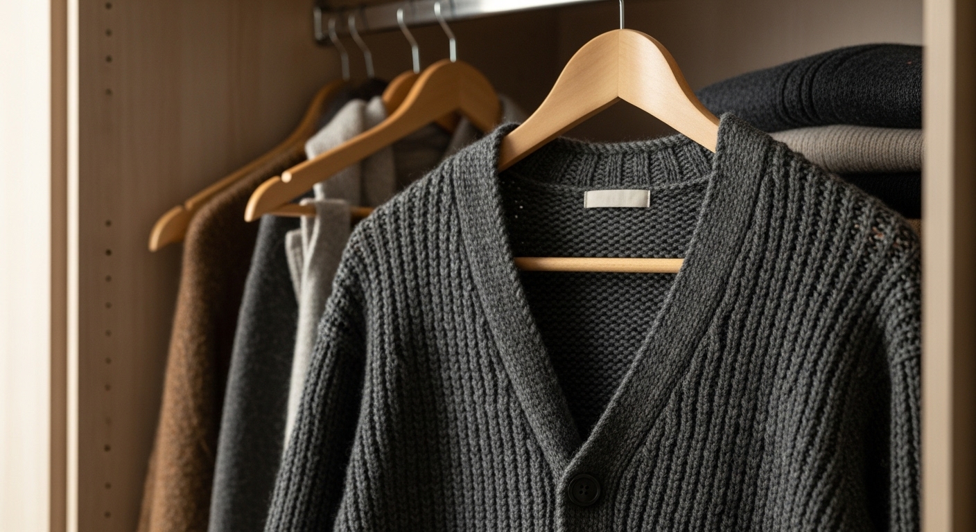 Áo len cardigan màu xám treo trên móc, chất liệu dệt kim.