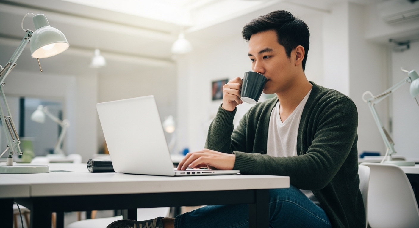 Chàng trai Việt Nam mặc cardigan xanh lá cây làm việc.
