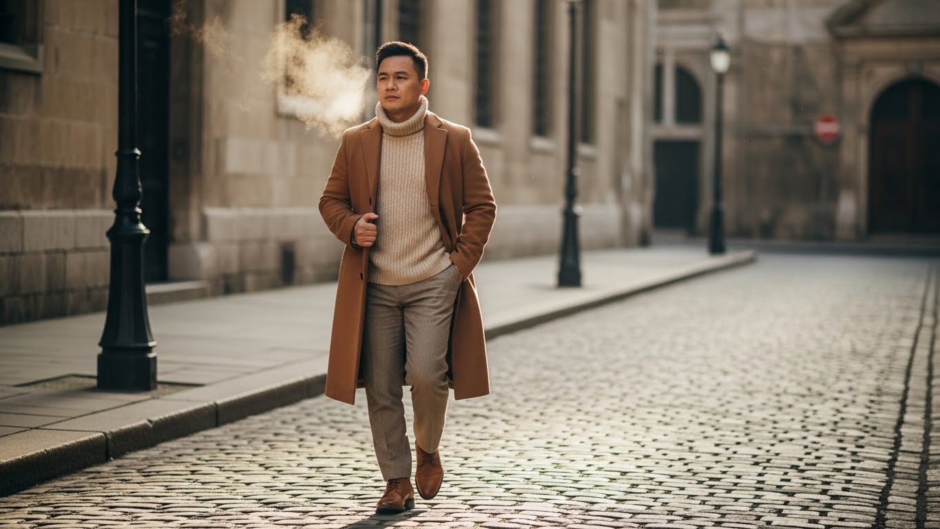 Người đàn ông Việt Nam mặc áo len cổ lọ ấm áp đi dạo phố.