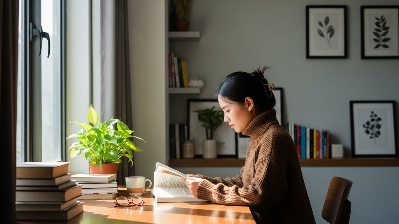 Cô gái Việt mặc áo len cổ lọ, thiết kế tinh tế, sang trọng.