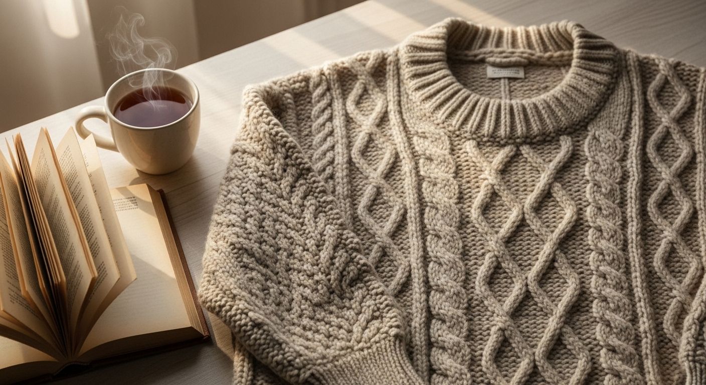 Áo len cổ tròn màu kem, kiểu dáng cơ bản, phong cách cổ điển.