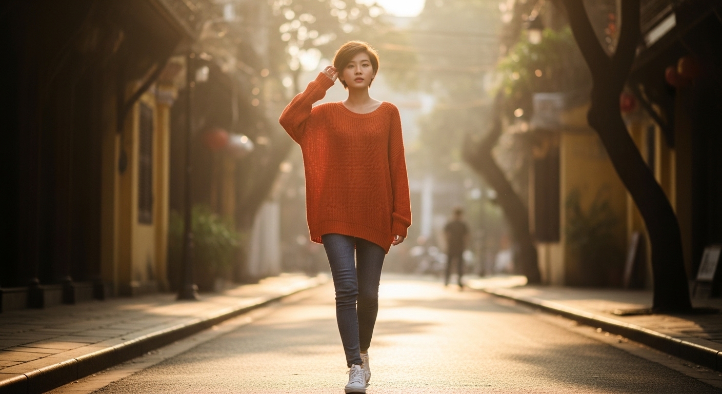 Cô gái Việt mặc áo len dáng rộng, phong cách casual, năng động.