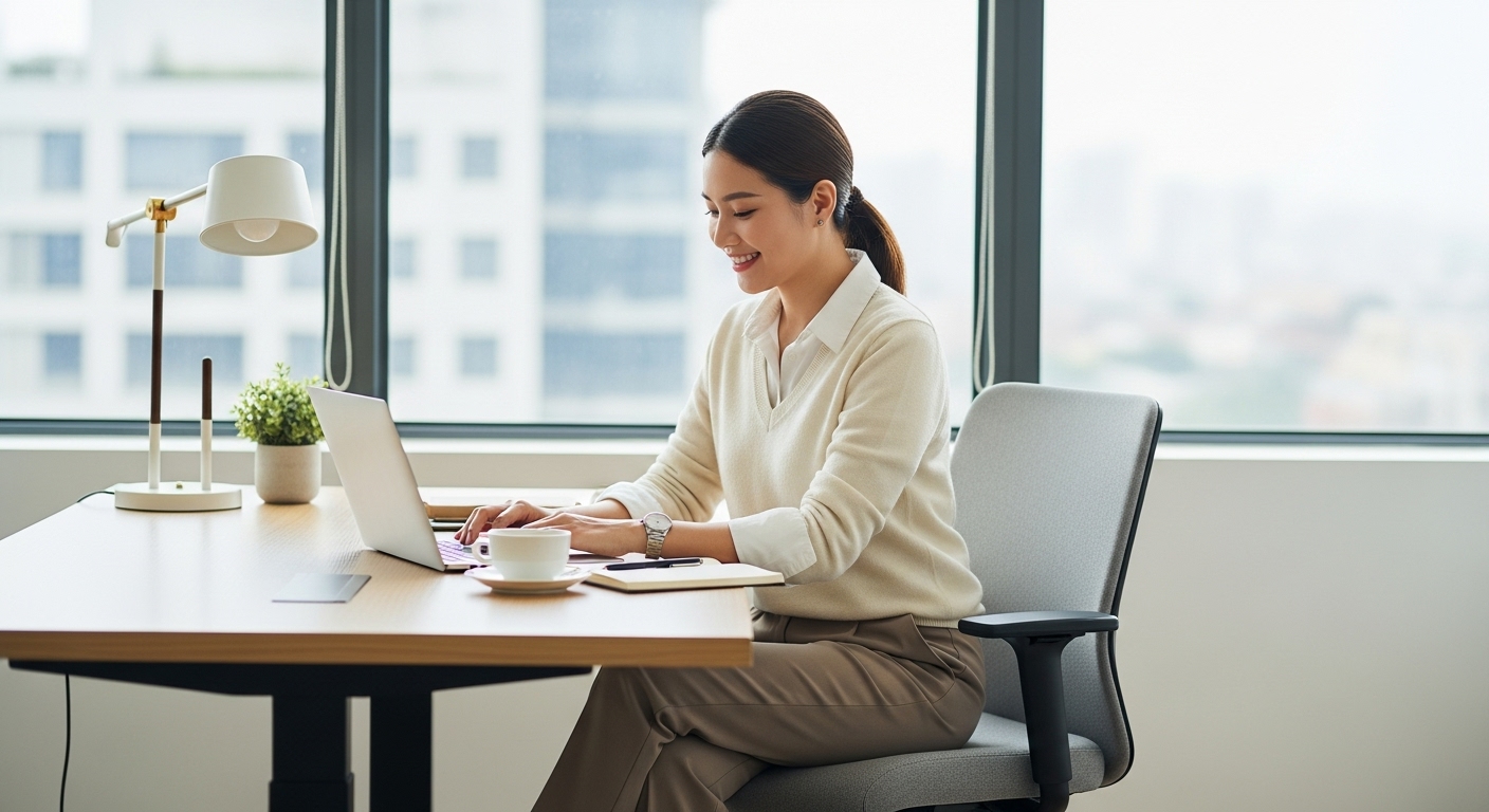 Nữ Nhân Viên Việt Nam Mặc Áo Len Gile Phối Sơ Mi Trong Văn Phòng.