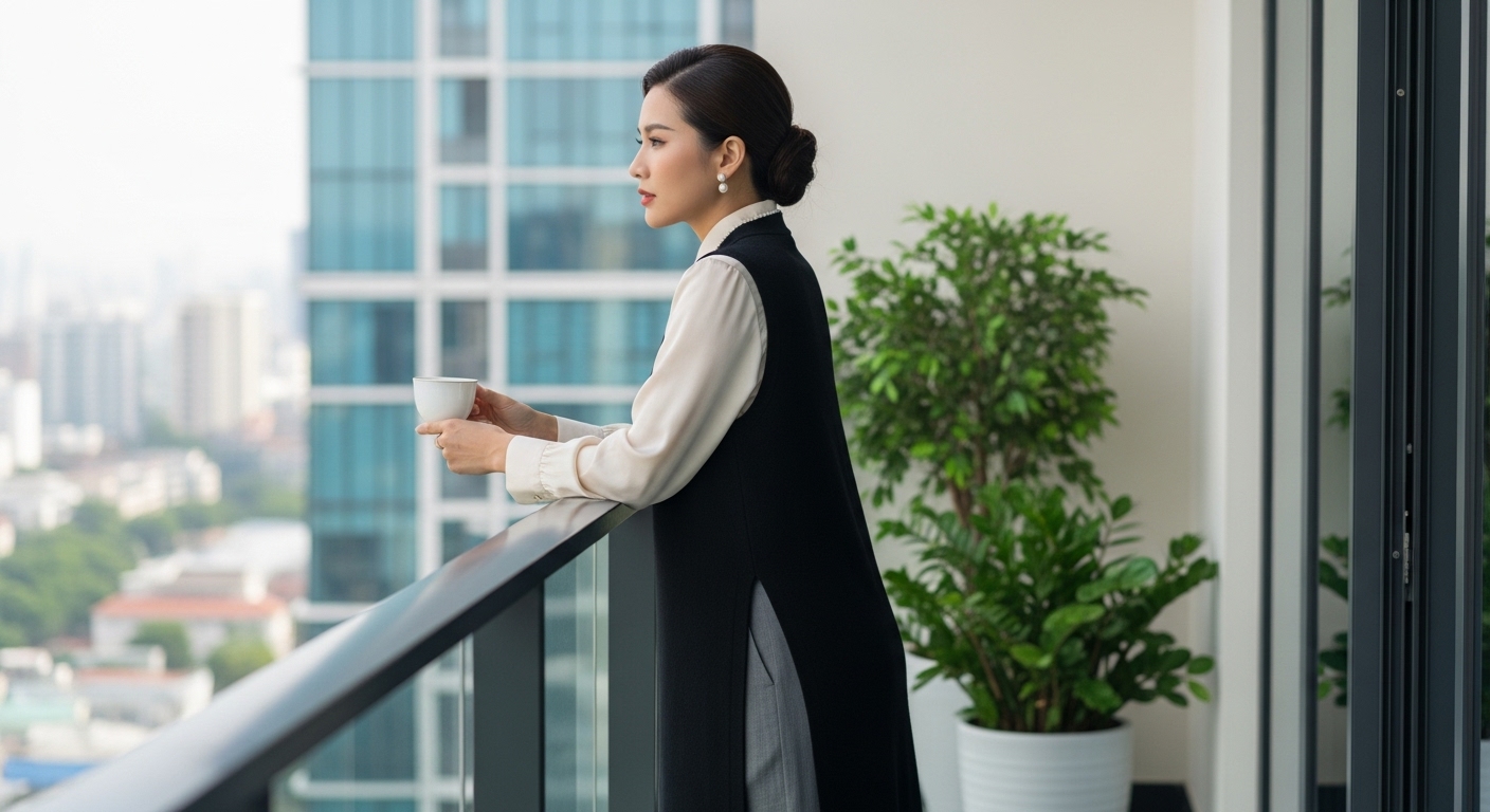 Phụ Nữ Việt Nam Thanh Lịch Mặc Áo Len Gile Và Quần Culottes Trên Ban Công.