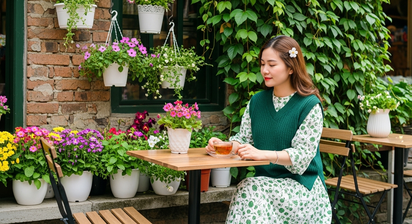 Phụ Nữ Việt Nam Duyên Dáng Mặc Áo Len Gile Cùng Váy Hoa Tại Quán Cà Phê.