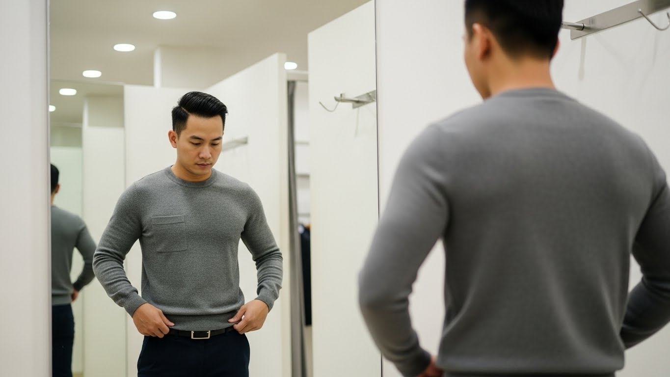 Người đàn ông Việt Nam thử áo len cổ tròn trước gương.