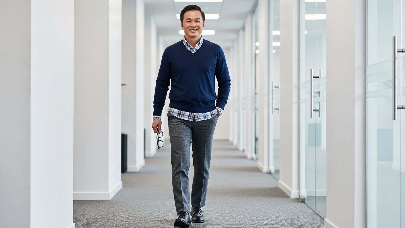 Người đàn ông Việt Nam lịch lãm với áo len và quần âu công sở.