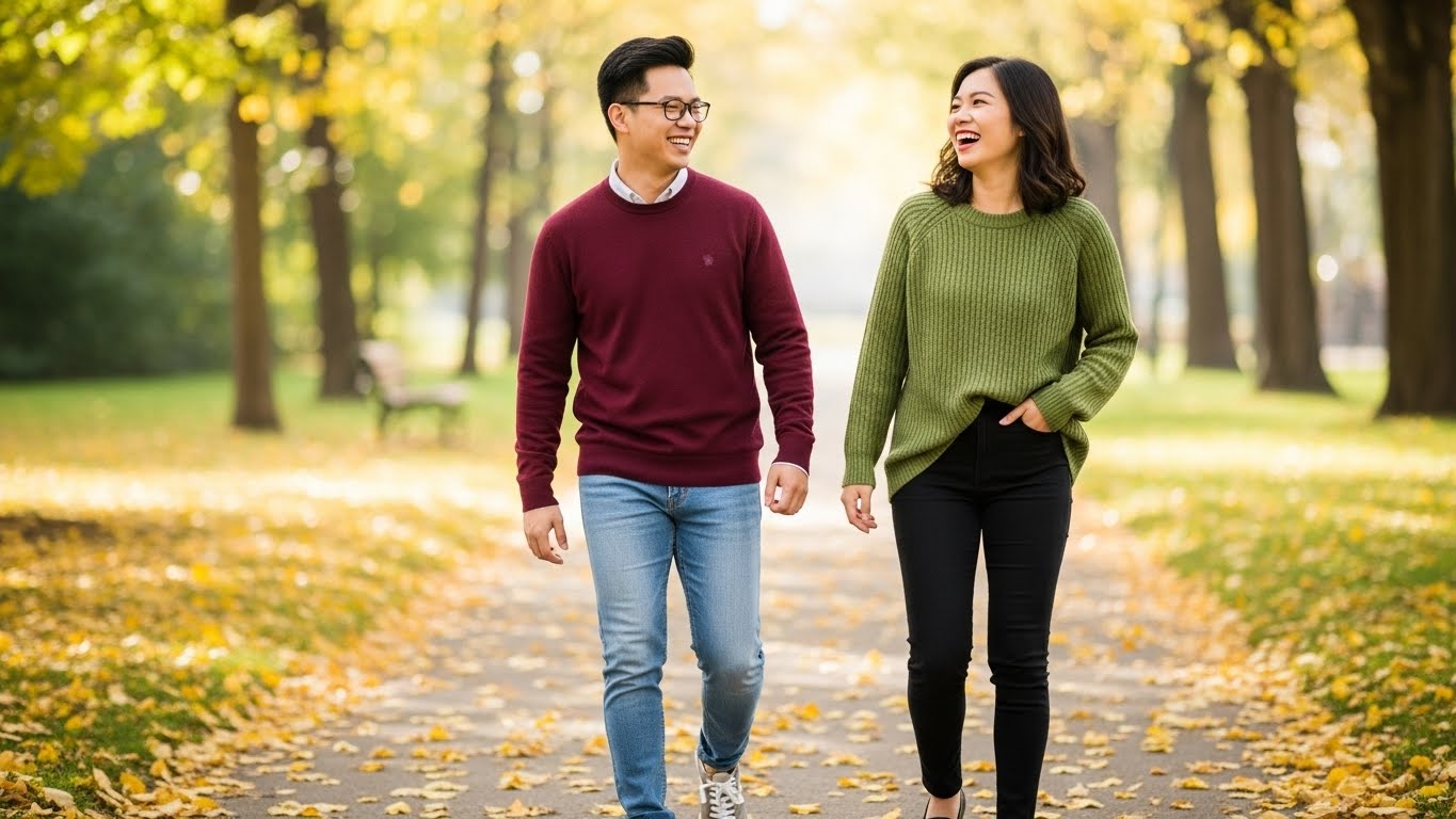 Hai người bạn Việt Nam mặc áo len và quần jeans năng động.