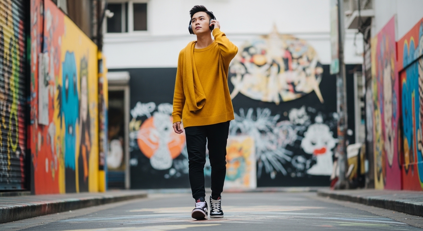 Thanh niên Việt Nam mặc áo len form rộng cá tính trên phố.