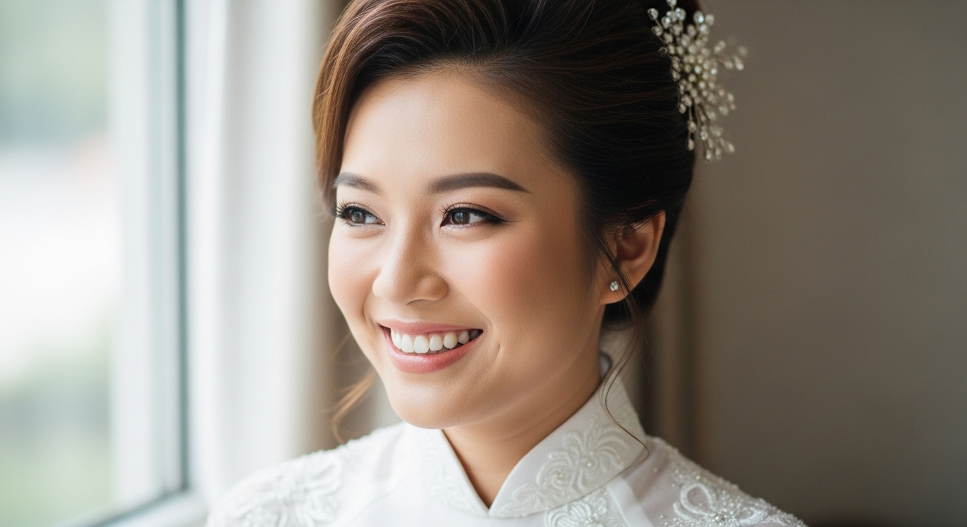 Cận Cảnh Cô Dâu Hạnh Phúc, Áo Dài Trắng Tinh Tế, Hoa Cài Tóc.