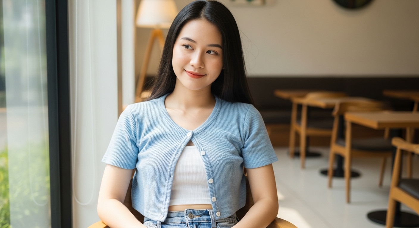 Nữ tính với áo len cardigan ngắn, áo croptop và quần cạp cao.