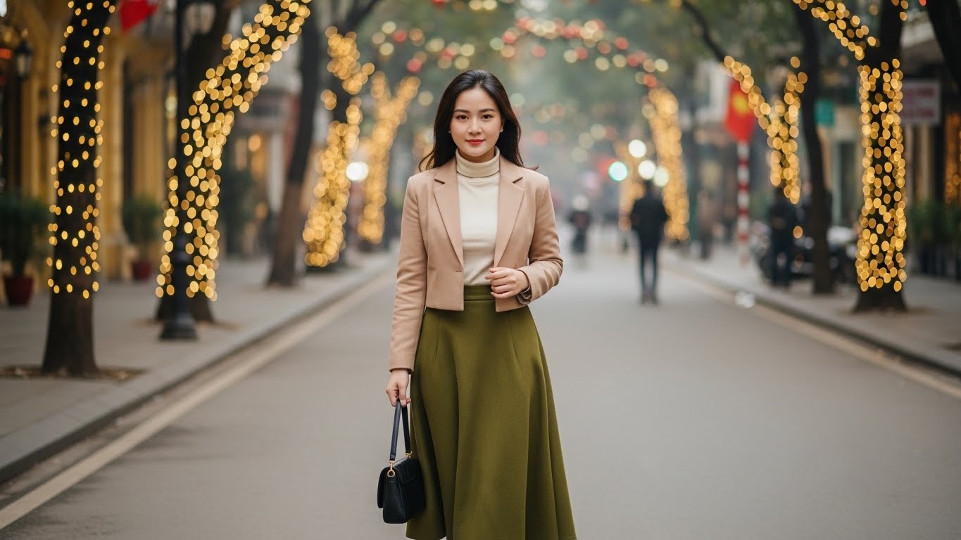 Cô Gái Việt Nam Thanh Lịch Mặc Chân Váy Chữ A Sang Trọng.