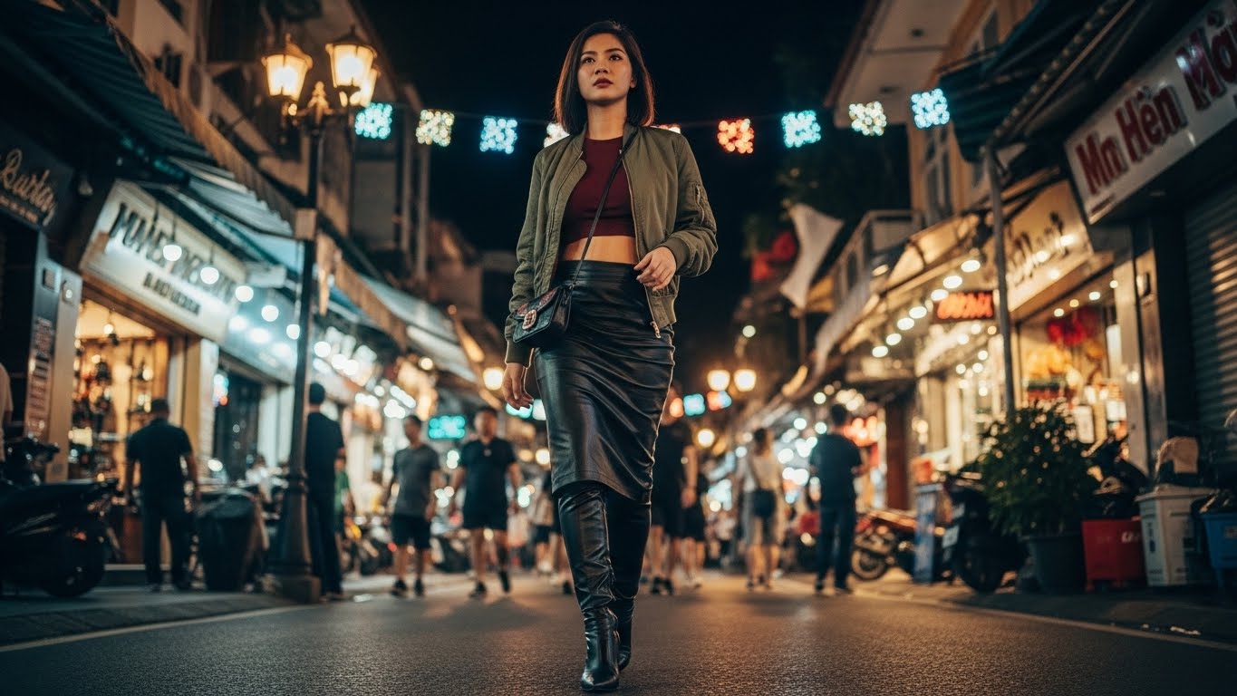 Cô Gái Việt Nam Cá Tính Diện Chân Váy Da Đen Thời Thượng.